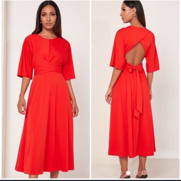 Red Ted Baker Syrrina wrap around open back dress red bow cutout formal fall - Picture 2 of 7